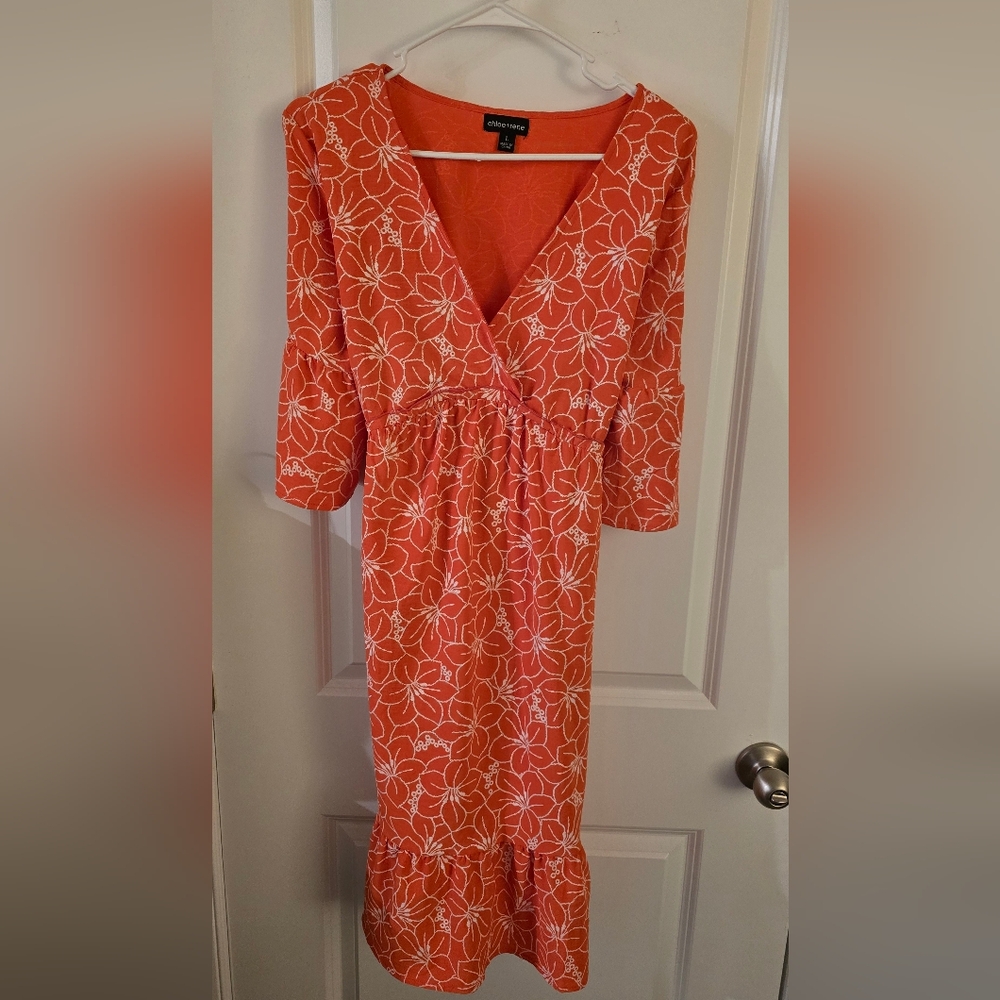 Floral V-Neck Dress in Orange and White
